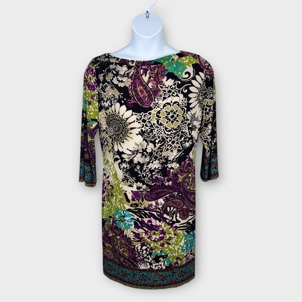 Eci New York Paisley Floral‎ Boho Print Dress Size 14 Black Purple Stretch